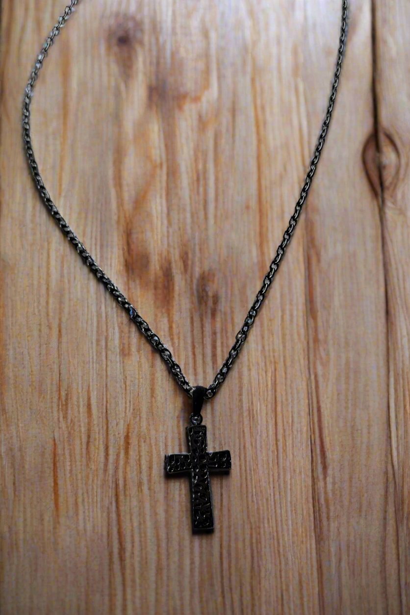 Sans honte ~ Ensemble collier et pendentif croix GUN METAL BLACK